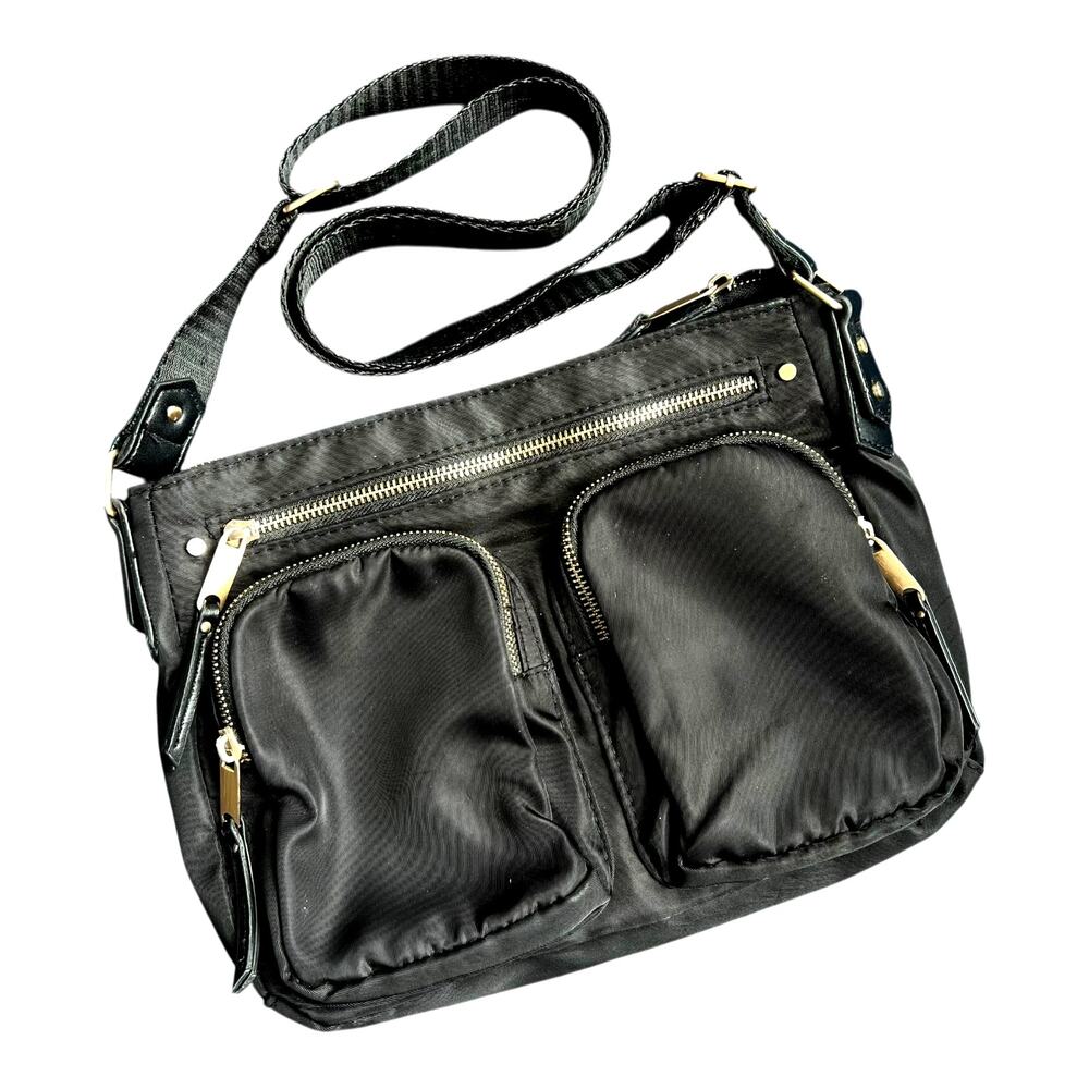 Women’s Black Crossbody Shoulder Bag Multi Pocket Nylon Purse Adjustable Strap